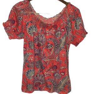 RALPH LAUREN red floral smock off shoulder top